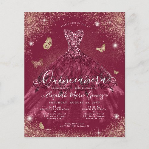 Budget Burgundy Red Gold Gown Quinceanera Invite