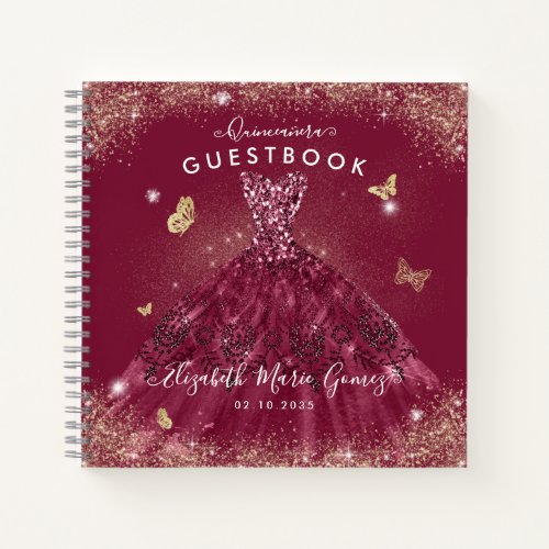 Budget Burgundy Red Gold Quinceanera Guestbook  Notebook