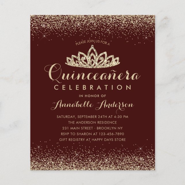 Budget Burgundy Red Gold Quinceañera Tiara Invite (Front)