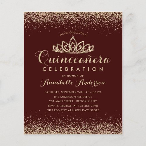 Budget Burgundy Red Gold Quinceaera Tiara Invite