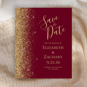 Budget Burgundy Red Gold Save the Date Card