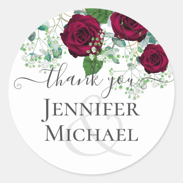 BUDGET Burgundy Red Roses Gypsophila WEDDING Classic Round Sticker (Front)