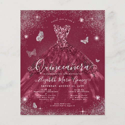 Budget Burgundy Red Silver Gown Quinceanera Invite