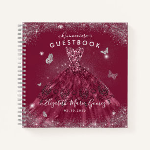 Budget Burgundy Red Silver Quinceanera Guestbook Notebook
