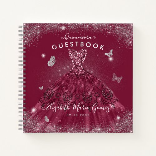 Budget Burgundy Red Silver Quinceanera Guestbook  Notebook