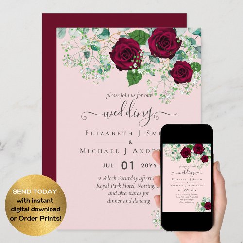 BUDGET  Burgundy Rose Eucalyptus Wedding Invitation