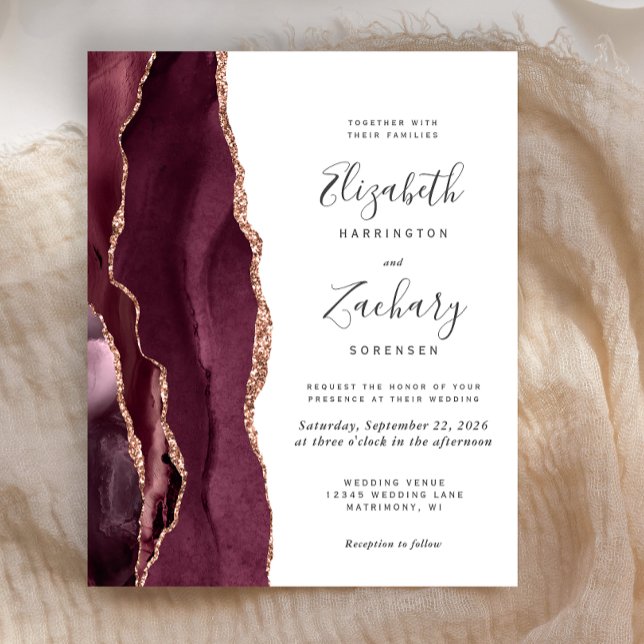 Budget Burgundy Rose Gold Agate Wedding Invitation (Creator Uploaded)