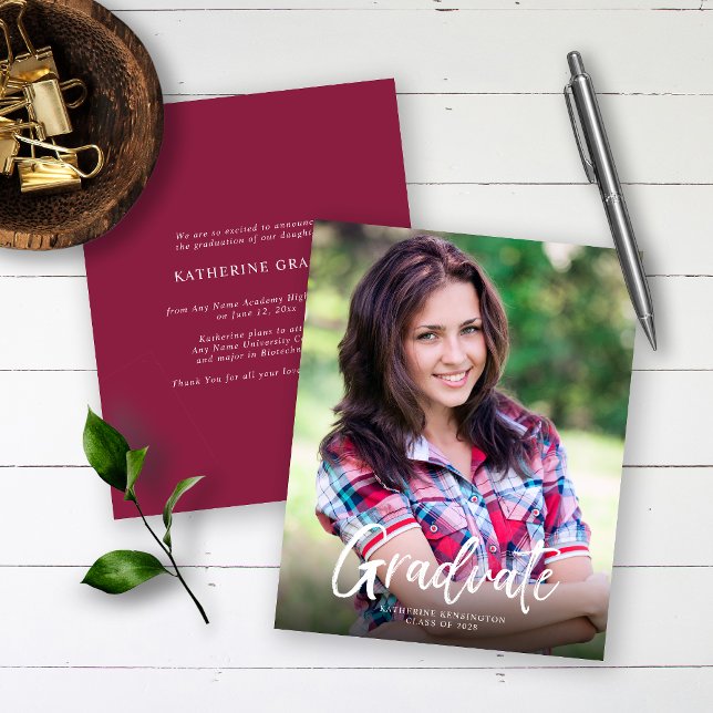 Budget Burgundy Script Graduation Announcement (Creator Uploaded)