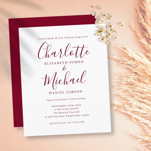 Budget Burgundy Script Wedding Invitation