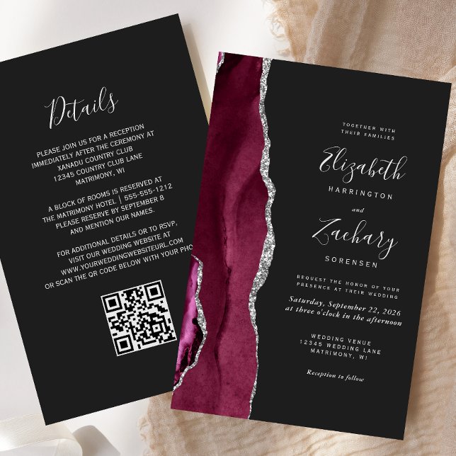 Budget Burgundy Silver Agate Dark QR Code Wedding (Creator Uploaded)
