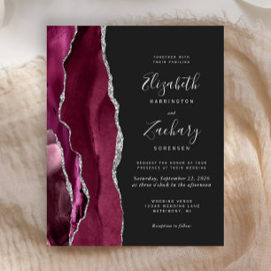 Budget Burgundy Silver Agate Dark Wedding Invite