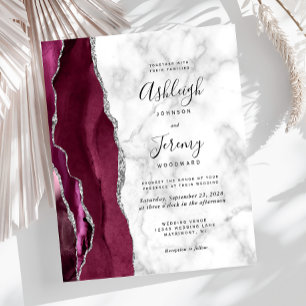 Budget Burgundy Silver Agate Marble Wedding Invite