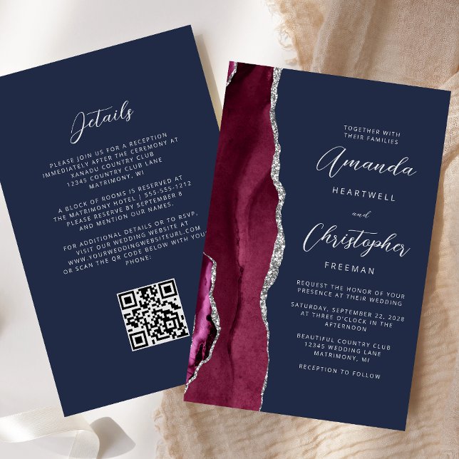 Budget Burgundy Silver Agate Navy QR Code Wedding (Creator Uploaded)