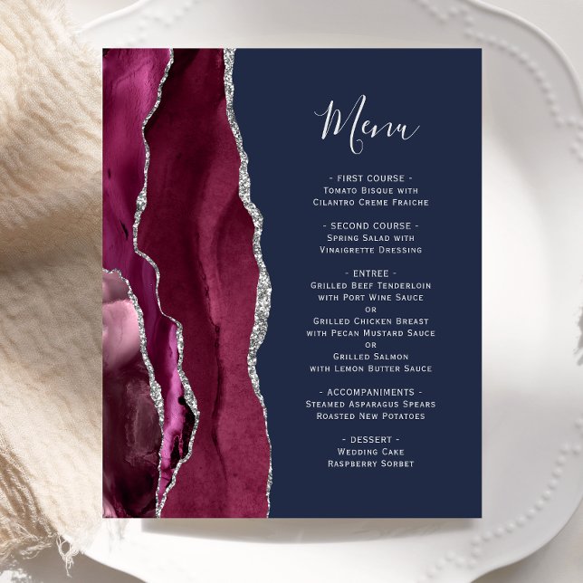 Budget Burgundy Silver Agate Navy Wedding Menu (Creator Uploaded)