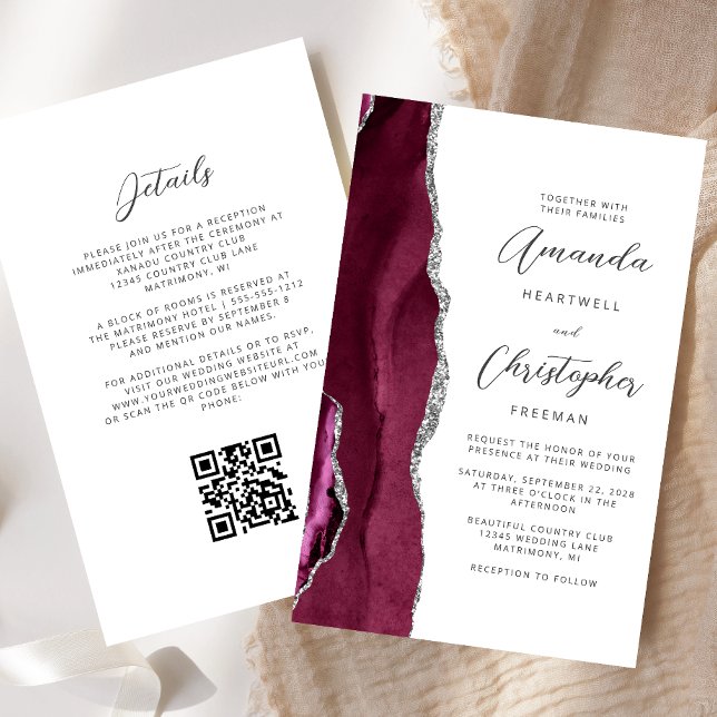 Budget Burgundy Silver Agate QR Code Wedding (Creator Uploaded)