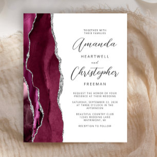 Budget Burgundy Silver Agate Wedding Invitation