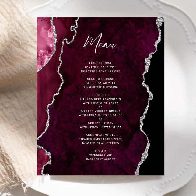 Budget Burgundy Silver Agate Wedding Menu (Creator Uploaded)