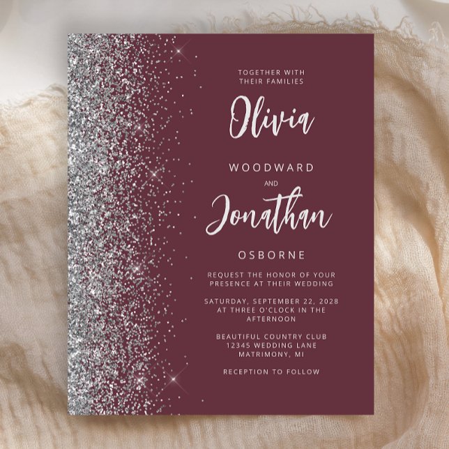 Budget Burgundy Silver Calligraphy Wedding Invite (Creator Uploaded)