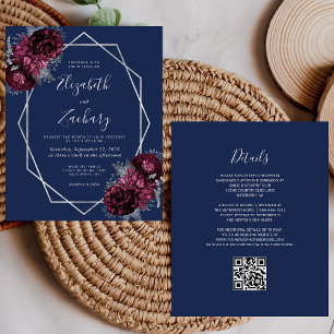 Budget Burgundy Silver Floral Navy QR Code Wedding
