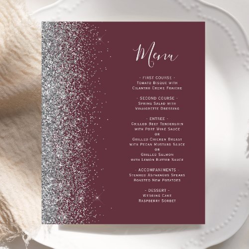 Budget Burgundy Silver Glitter Edge Wedding Menu