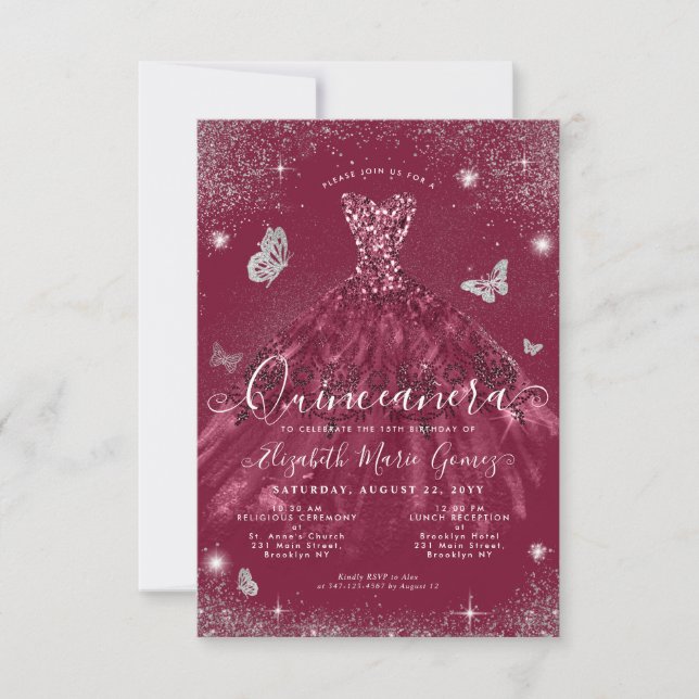Budget Burgundy Silver Glitter Gown Quinceanera Note Card (Front)