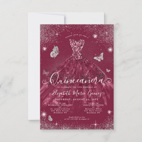 Budget Burgundy Silver Glitter Gown Quinceanera Note Card