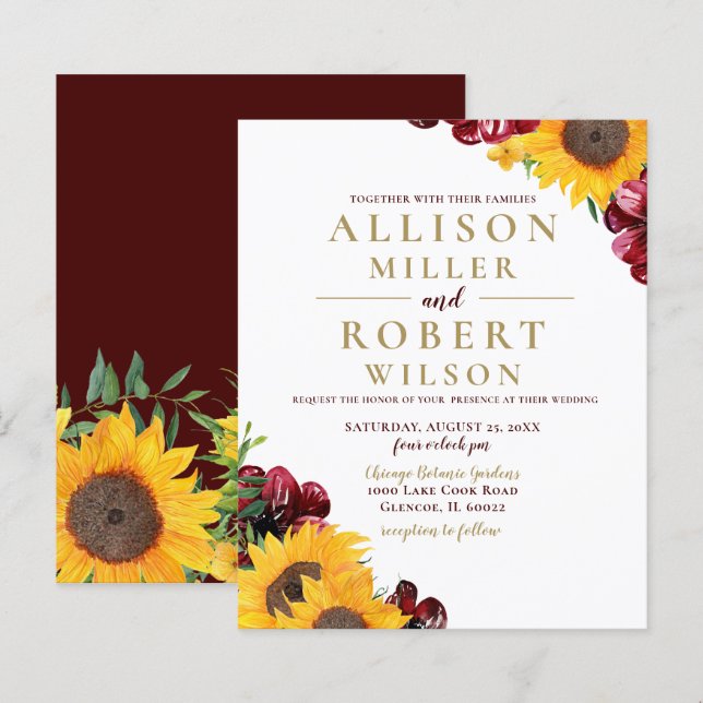 Budget Burgundy Sunflower Wedding Invitation (Front/Back)