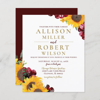 Budget Burgundy Sunflower Wedding Invitation