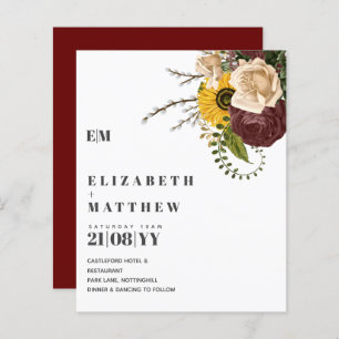 Budget Burgundy Sunflowers Floral Wedding Invites