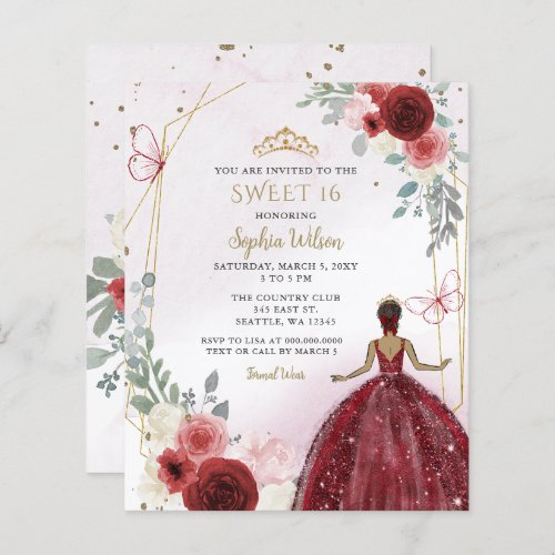 Budget Burgundy Tan Princess Sweet 16 Invite