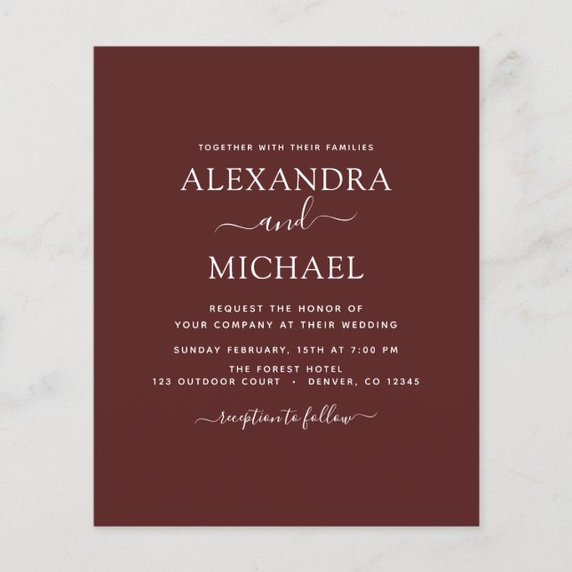 Budget Burgundy Wedding Modern Typography Flyer (Front)