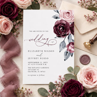 Budget Burgundy White Floral Wedding Invitations