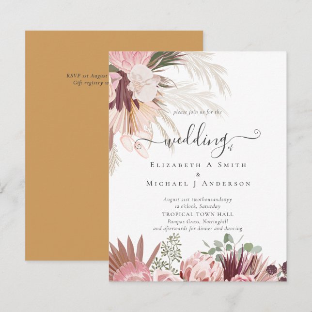 BUDGET Burgundy Wine Pampas Grass Tropical Wedding (Front/Back)