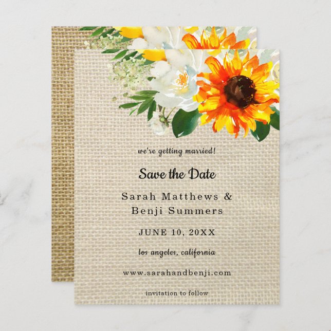 Budget Burlap Sunflower & Whi Floral Save the Date (Front/Back)