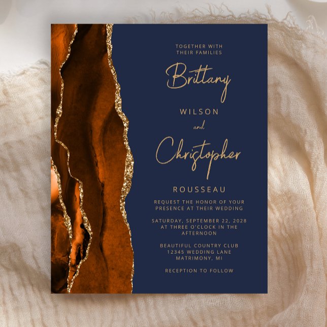 Budget Burnt Orange Agate Blue Wedding Invite (Creator Uploaded)