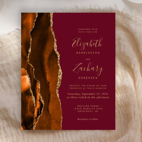 Budget Burnt Orange Agate Burgundy Wedding Invite