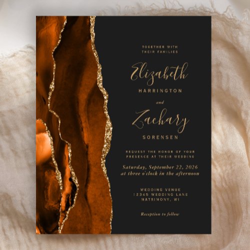 Budget Burnt Orange Agate Dark Wedding Invitation