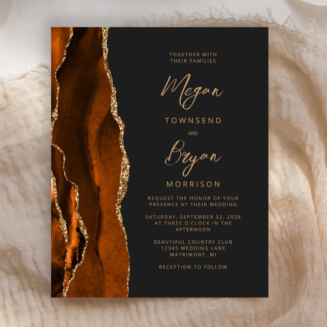 Budget Burnt Orange Agate Dark Wedding Invite (Creator Uploaded)