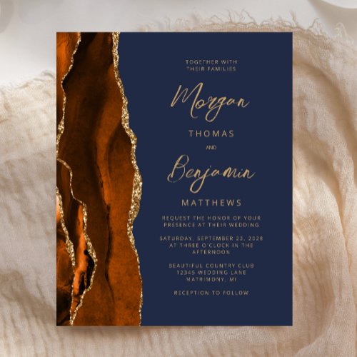 Budget Burnt Orange Agate Navy Blue Wedding Invite