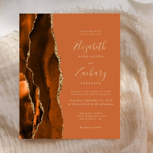 Budget Burnt Orange Agate Wedding Invitation