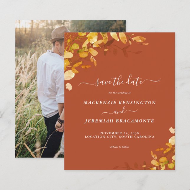 Budget Burnt Orange Botanical Photo Save the Date (Front/Back)