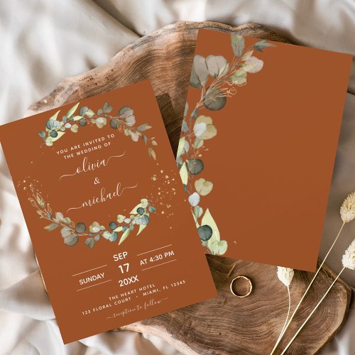 Budget Burnt Orange Eucalyptus Wedding Invitations