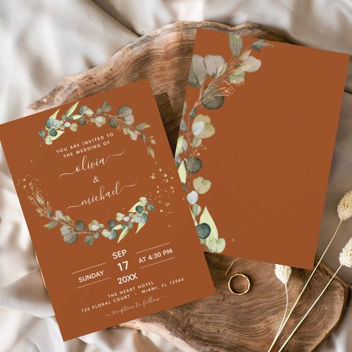 Budget Burnt Orange Eucalyptus Wedding Invitations Flyer