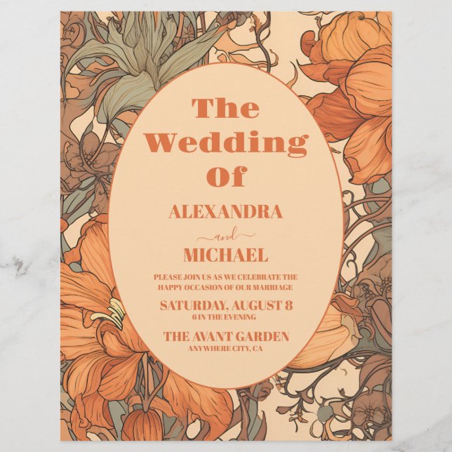 Budget Burnt Orange Floral Art Nouveau Wedding Flyer (Front)