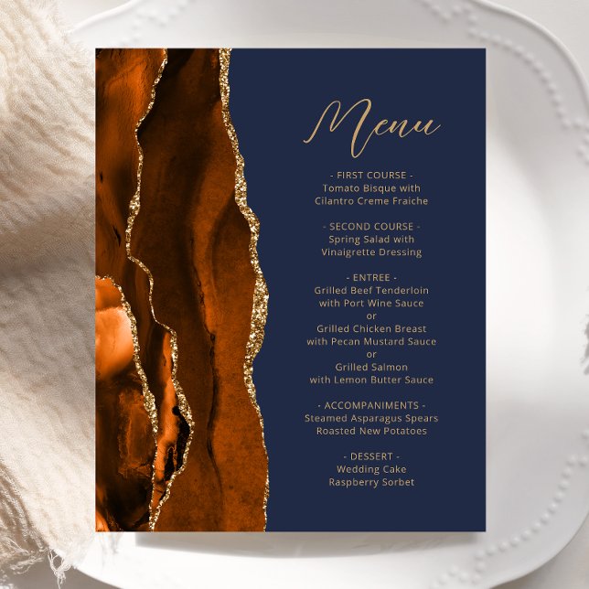 Budget Burnt Orange Gold Agate Navy Wedding Menu (Creator Uploaded)