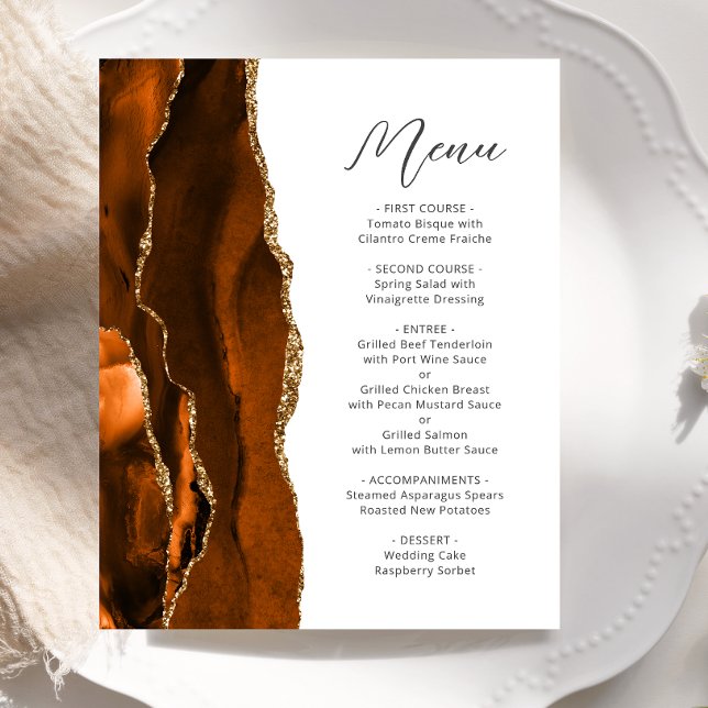 Budget Burnt Orange Gold Agate Script Wedding Menu (Creator Uploaded)