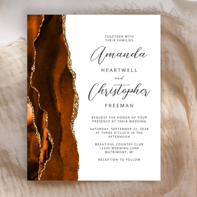 Budget Burnt Orange Gold Agate Wedding Invite (Creator Uploaded)