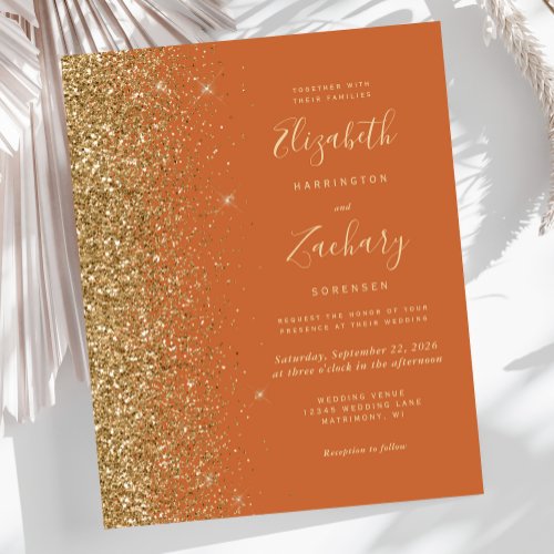 Budget Burnt Orange Gold Glitter Wedding Invite
