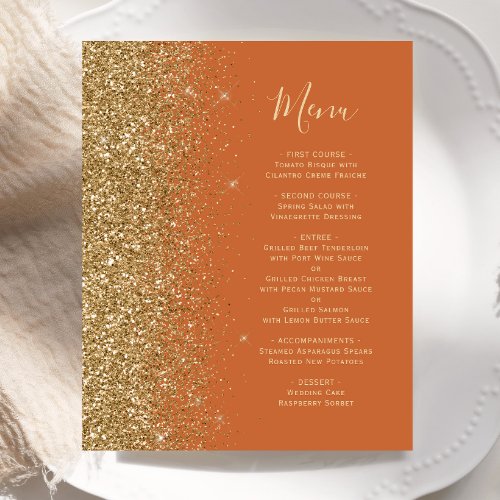 Budget Burnt Orange Gold Glitter Wedding Menu