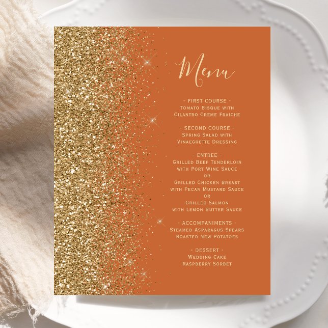Budget Burnt Orange Gold Glitter Wedding Menu (Creator Uploaded)